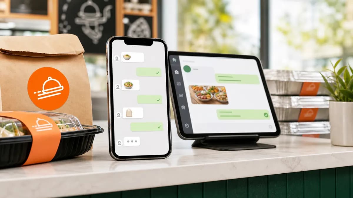 Restaurant pickup counter with phone and tablet showing WhatsApp-style ordering chat