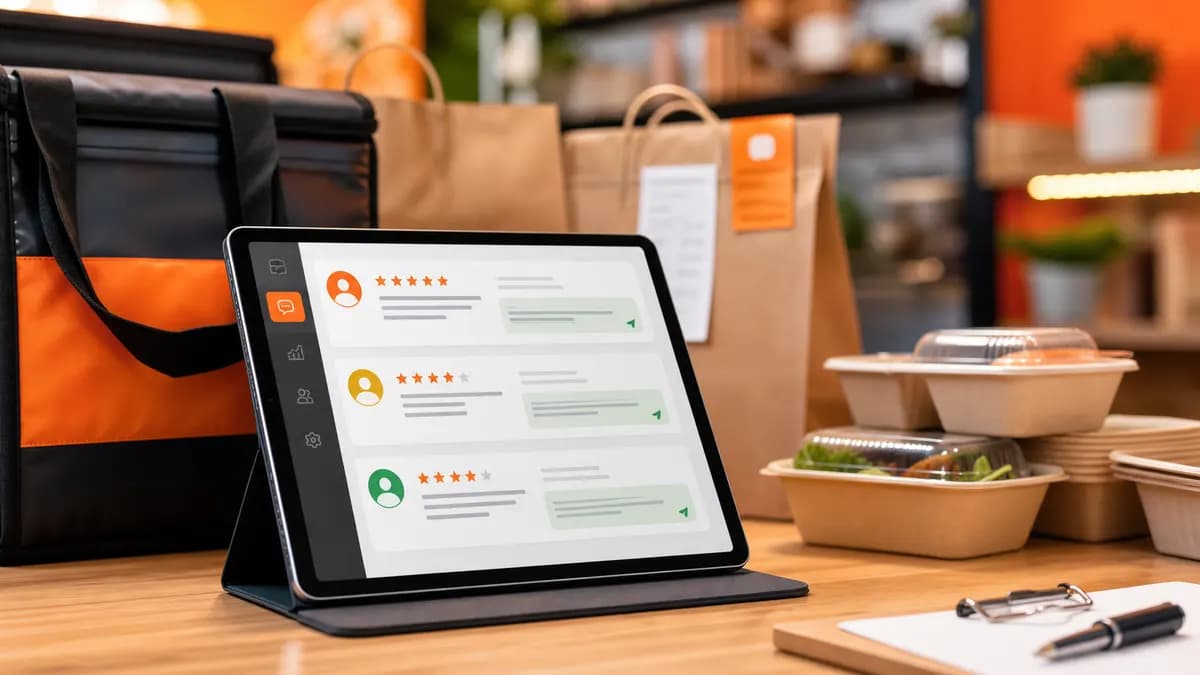 Delivery restaurant counter with tablet showing delivery app review cards