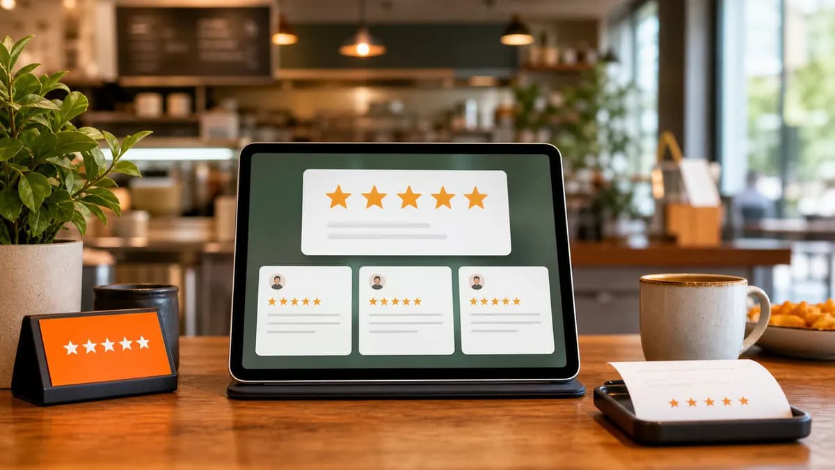 Restaurant counter tablet showing five-star review cards for Google review strategy
