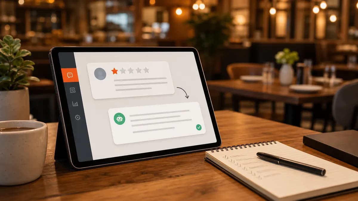 Restaurant manager workspace with tablet showing a review response draft