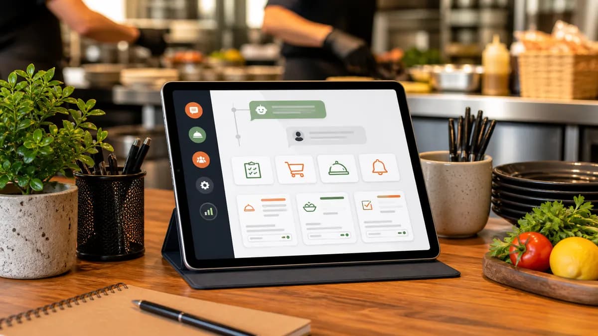 Restaurant owner reviewing catering AI workflows on a laptop and phone