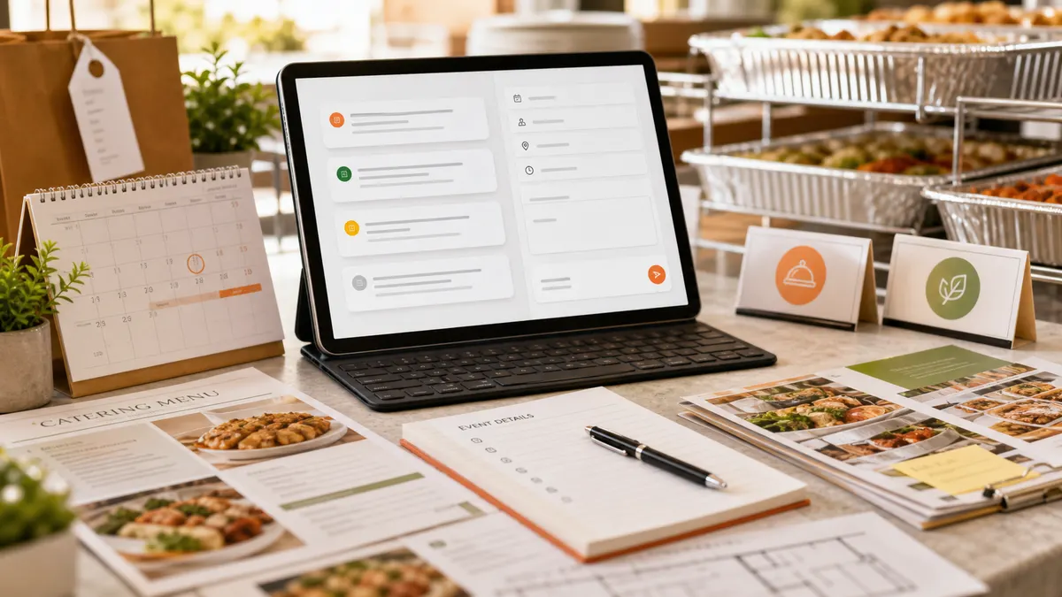 Restaurant catering planning table with order templates, menu notes, and catering trays