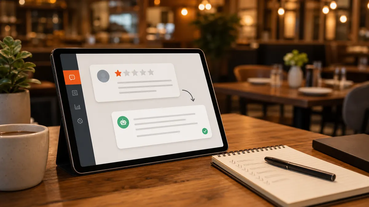 Restaurant manager workspace with tablet showing a review response draft