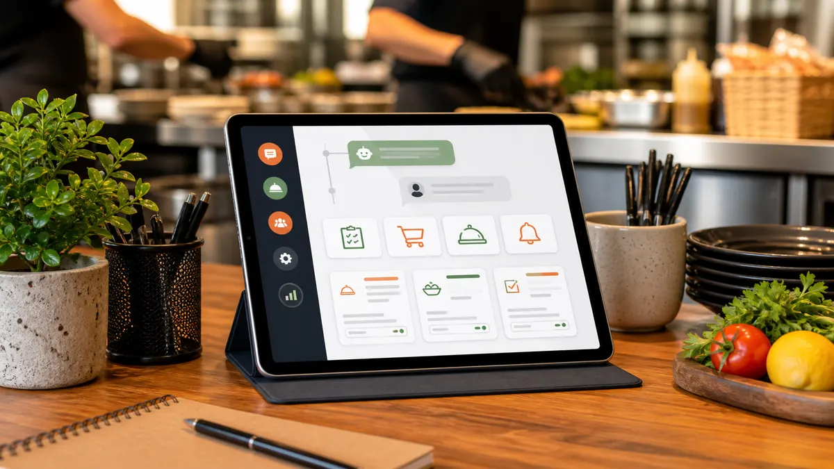 Restaurant counter tablet showing AI automation workflow cards for customer service