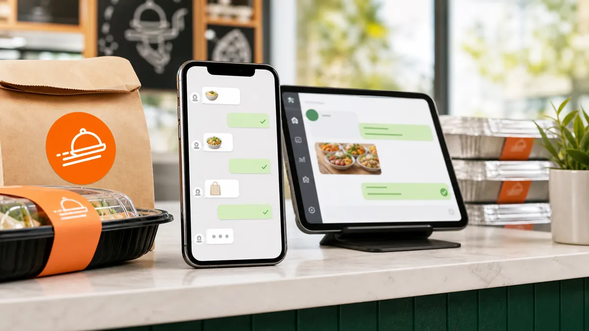 Restaurant pickup counter with phone and tablet showing WhatsApp-style ordering chat